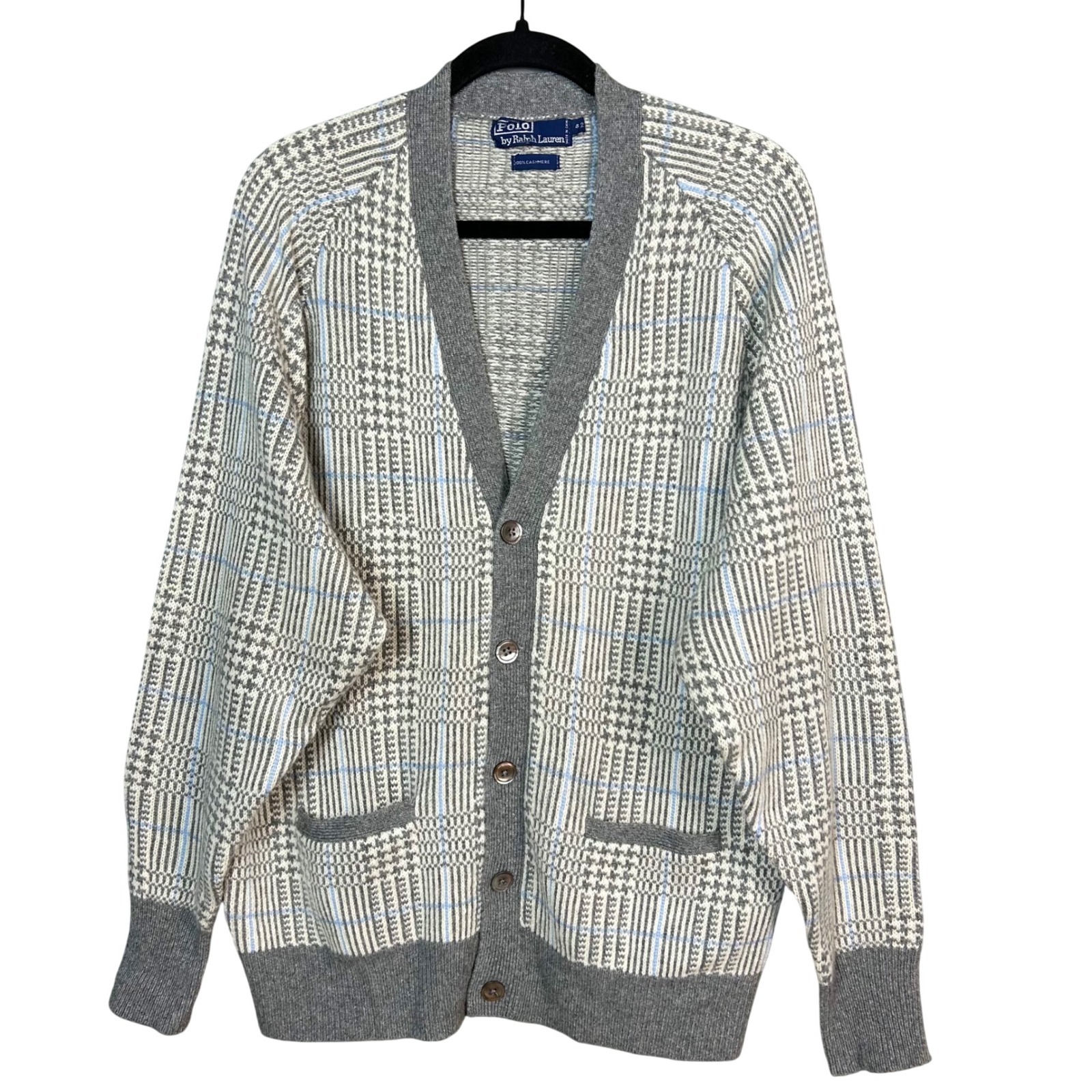 Polo Ralph Lauren Sweater Cardigan Men's L 100% Cashmere Glen Plaid Preppy Vtg
